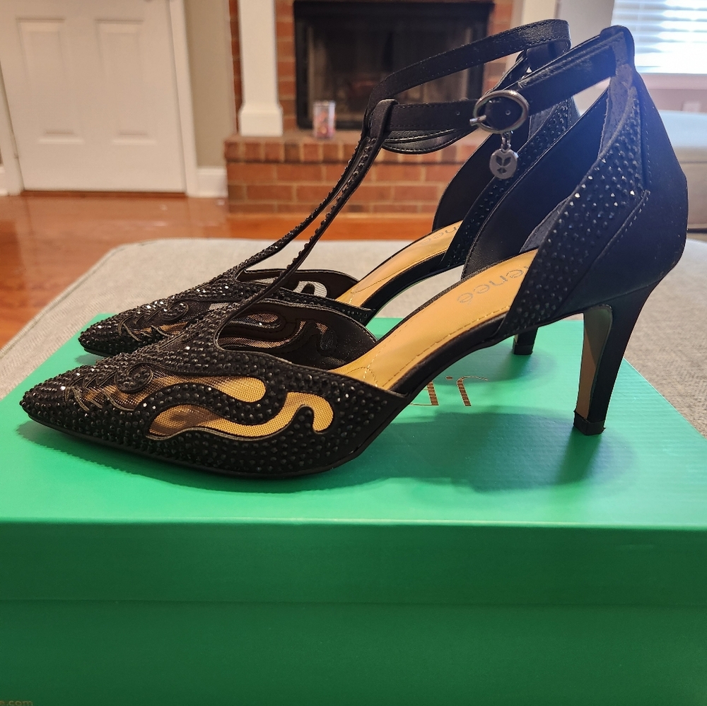 J. Renee Lisha Black Satin/Rhinestones Pump Sz. 9